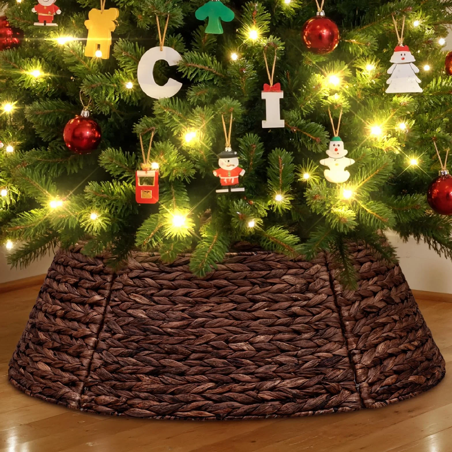 Lanpn Rattan Collana Albero di Natale 106 cm, Cerchio Gonne Albero di Natale Christmas Tree Collar Per Grande Alberi Artificiali Interno - Decorazioni Natalizie (Marrone)