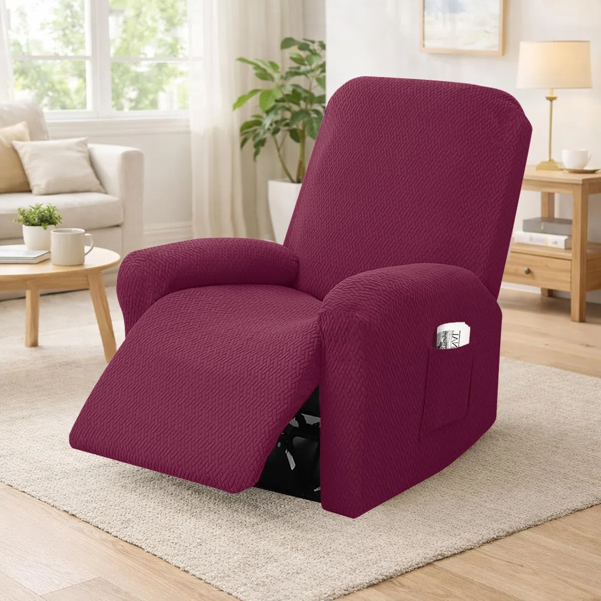 Set di 4 Copri Poltrona Relax Reclinabile, Copripoltrona 1 Posto Elasticizzato con Tasche e Braccioli,Utte le Inclusive Strisce Jacquard, Lavabile (Borgogna)
