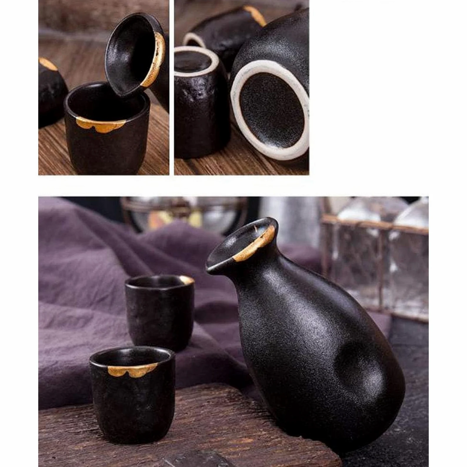 Set di 5 tazze da sakè giapponesi, dipinte a mano, in ceramica, per degustazione di vini casalinghi, colore nero