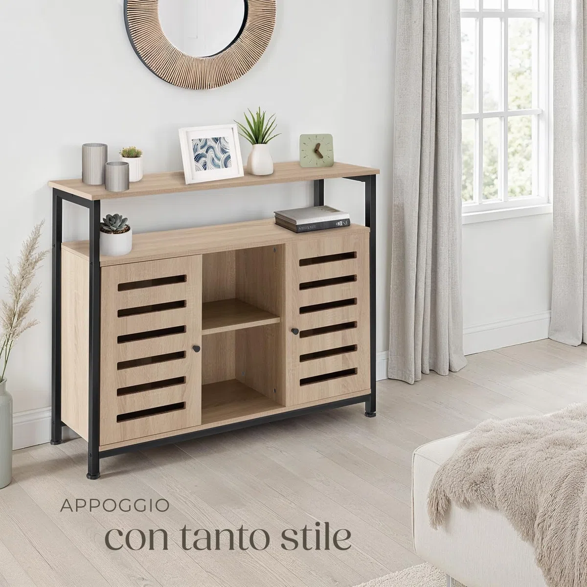 tectake® Credenza Cucina 100x37x82cm, Mobile Cucina, Dispensa Salvaspazio Armadio 2 ante, 2 Ripiani, Mensole Regolabili per Piatti e Pentole, Soggiorno, Sala da pranzo - Legno Industriale Chiaro