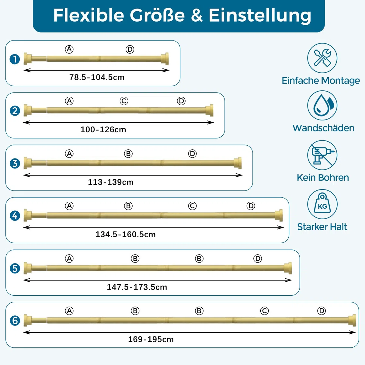 Asta per tende senza fori, 79 – 200 cm, Ø 22 mm, asta doccia a morsetto, asta estensibile per finestre, guardaroba e bagno (oro)