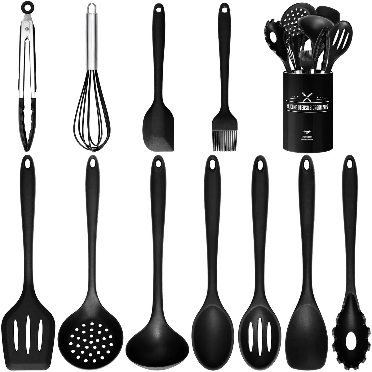 Set di utensili da cucina in silicone, 12 pezzi, set di utensili da cucina con supporto, senza BPA, con rivestimento antiaderente per uso alimentare, utensili da cucina, resistenti al calore e facili