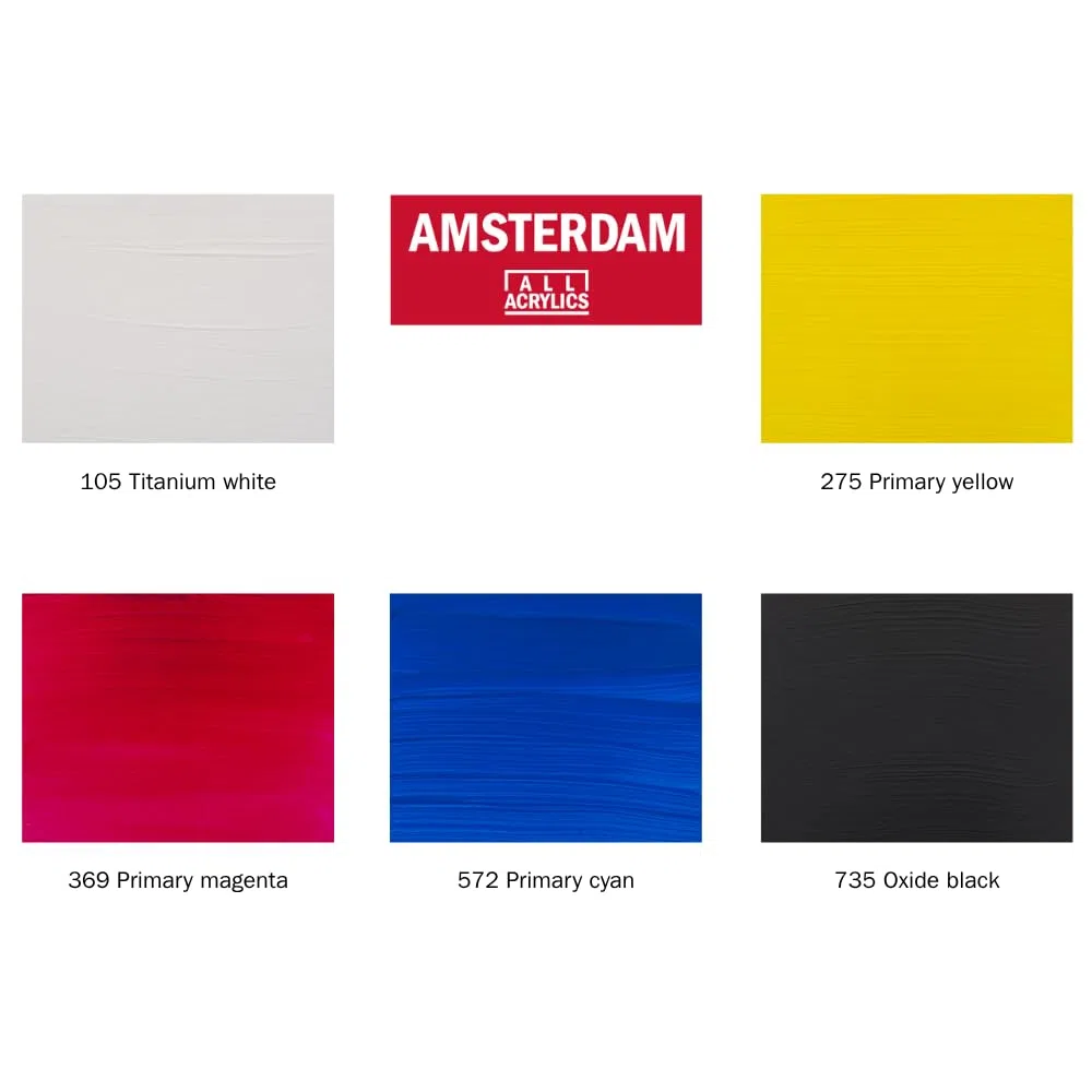 Amsterdam Standard Series Pittura Acrilica | Set di Miscelazione Teoria dei Colori (5 x 120 ml) | Colori Primari + Bianco e Nero