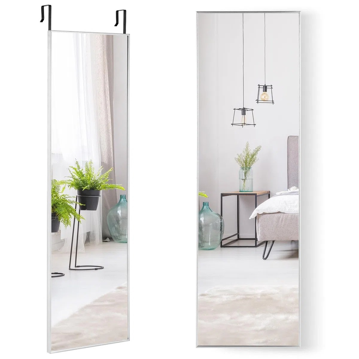 HOMASIS 2 in 1 Specchio da Parete e da Porta, 37x120 cm, a Figura Intera Regolabile in Altezza Con 2 Ganci, da Ingresso Antigraffio Antideflagrante Con Cornice in Alluminio (Argento)