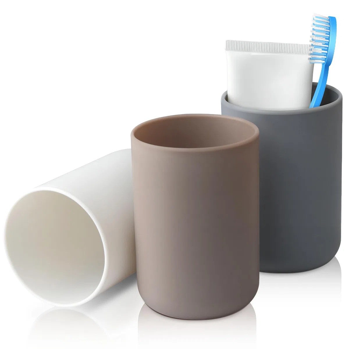 Bicchiere porta Spazzolino 3 Pezzi, porta Spazzolini Bagno, Plastica Alimentare, Assolutamente Infrangibili (Bianco, Grigio, Marrone)