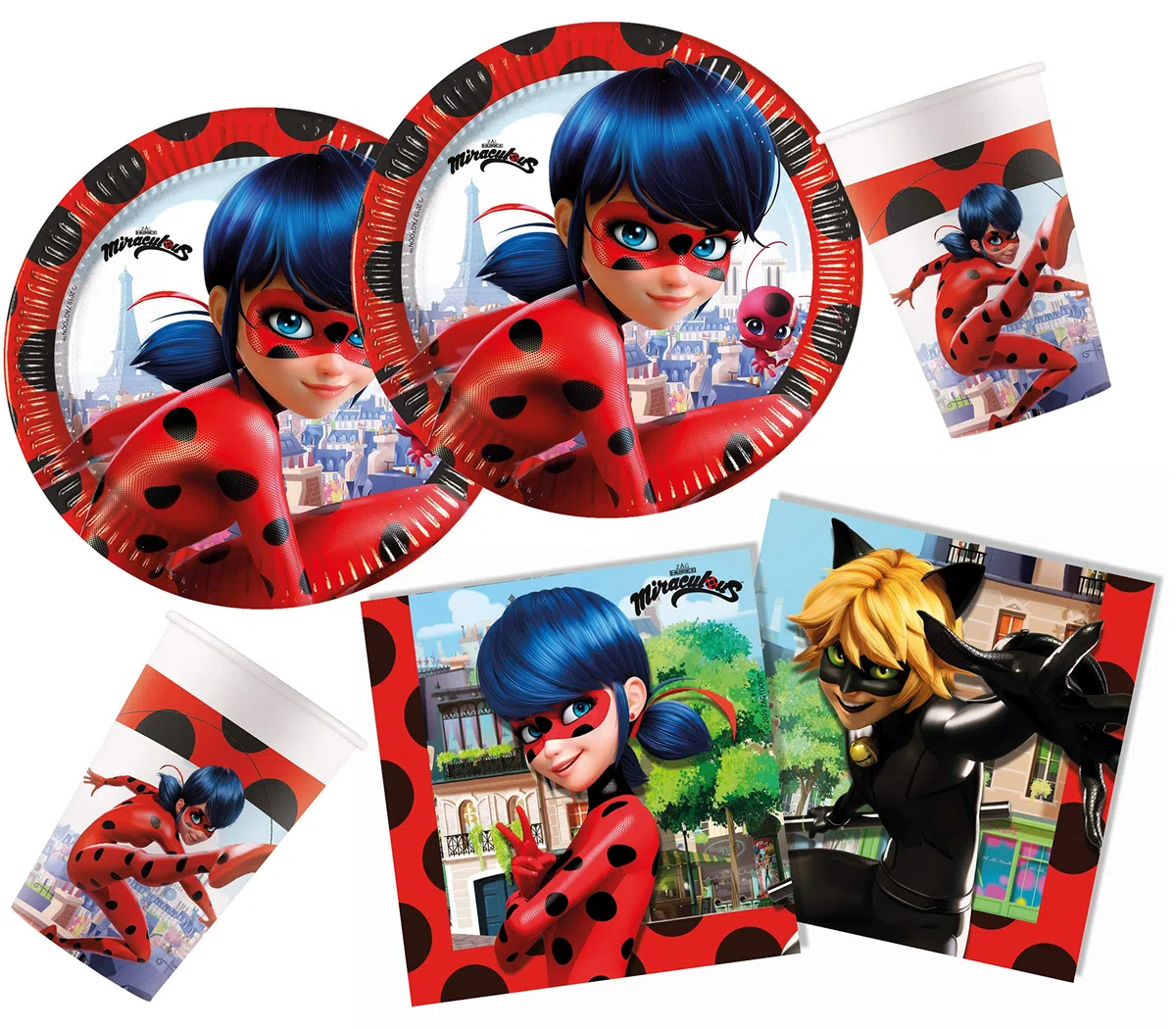 Procos 10133993 - Set per Feste Miraculous, Set da 52 Pezzi, 16 Piatti, 16 Bicchieri e 20 tovaglioli, Lady Bug, Cat Noir, stoviglie USA e Getta, Decorazione