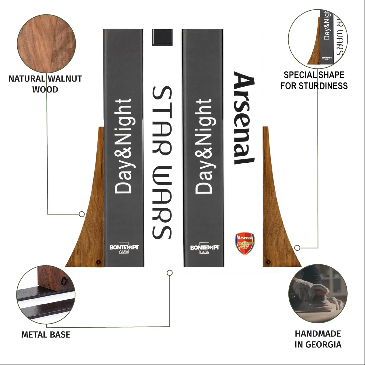 TILISMA Fermalibri in noce per scaffali, fermalibri in legno per scaffali, robusti supporti per libri, con base in metallo per librerie, fermalibri decorativi lisci si appoggiano saldamente sulla
