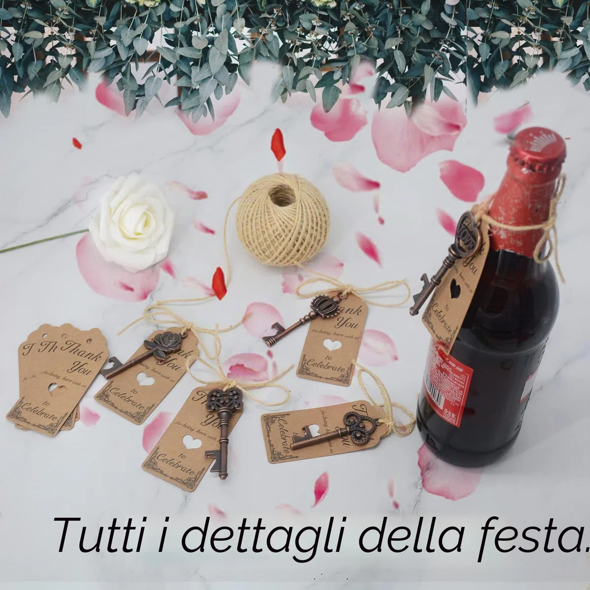 100 piccoli apribottiglie vintage in metallo con etichetta di ringraziamento e spago, accessorio divertente multiuso per compleanni, bomboniere, portachiavi, idee regalo per gli ospiti
