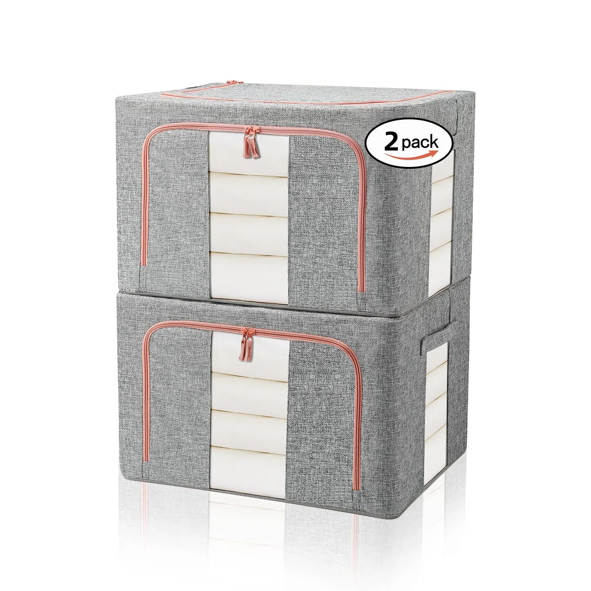 Scatole Per Vestiti, Scatole Armadio con Supporto in Acciaio, con Finestre Trasparenti e Maniglie Rinforzate, per Trapunte,Coperte,Biancheria da Letto,Grigio,2 Per Confezione (100L)