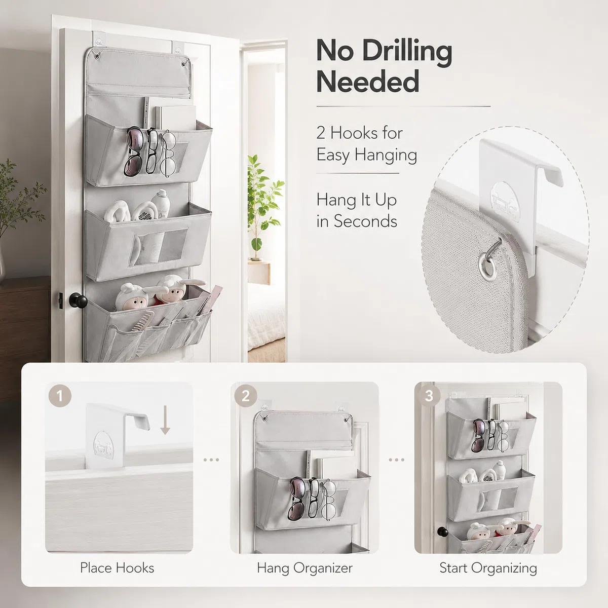 Organizer da appendere a 3 strati, 40 x 90 cm, organizer per porta senza fori, per bagno e guardaroba, organizer da parete pieghevole in tessuto Oxford con 3 tasche, 2 ganci, portaoggetti