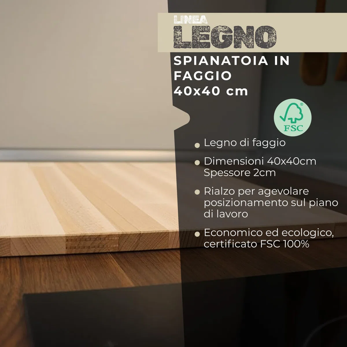 Fackelmann Tagliere spianatoia in Legno di Faggio 40 x 40 cm, Facile e Comodo da usare per Impasti e preparazione di Pasta Fresca, Taglia Unica, con rialzi di appo