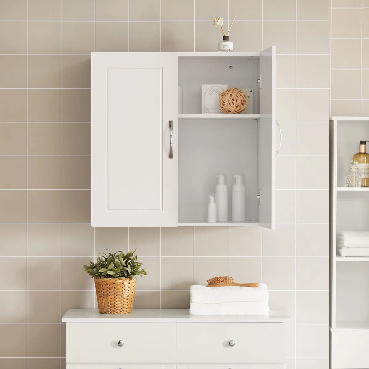 SoBuy Pensile Cucina Sospeso - Mobile Cucina con Ante Bianco Mobile Pensile da Muro Salvaspazio in Legno 60x30x60 cm con Ripiani Regolabili Dispensa Moderna FRG231-W