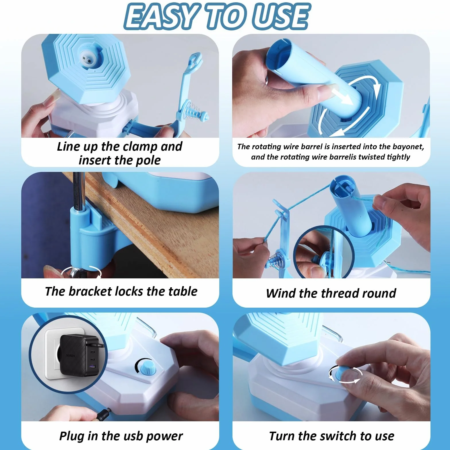 Avvolgitore Elettrico per Filato a Doppia Molla - Avvolge Automaticamente fino a 280g (10 Once), Ideale per Maglia e Uncinetto - Design Compatto, Facile da Usare (Colore Azzurro)
