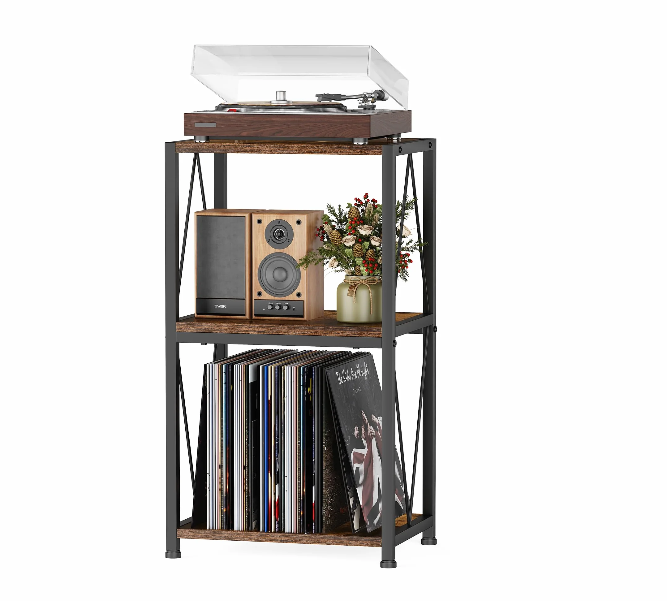 HFHOME Tavolino per dischi in vinile a 3 ripiani, armadietto per giradischi per riporre e esporre vinili, supporto per giradischi in soggiorno, camera da letto, sala musica