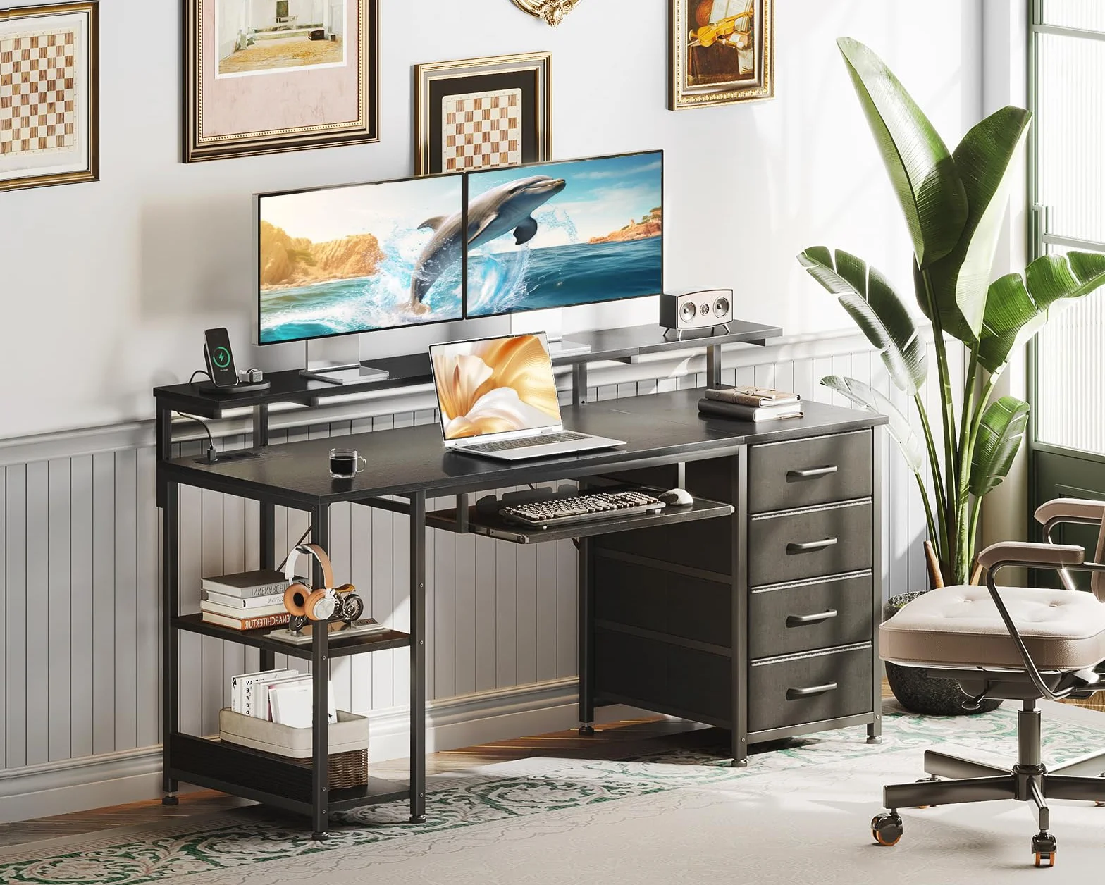 ODK Scrivania con 4 Cassetti, 140x52x92cm Scrivania per Computer con Presa di Corrente e Ricarica USB, Scrivanie Gaming Tavolo Scrivanie con Ripiani Regolabili per la Casa, Nero
