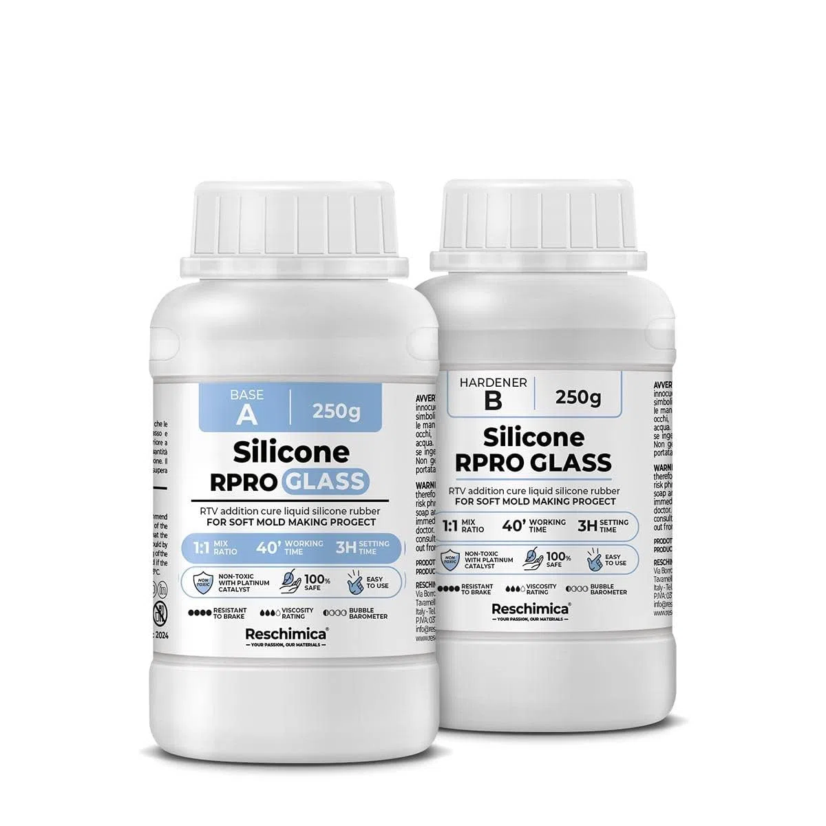 Gomma siliconica Traslucida 1:1 R PRO GLASS, Silicone per stampi fai da te, atossica ed inodore, Ideale per stampi in resina, cera, gesso e cemento (500 gr)