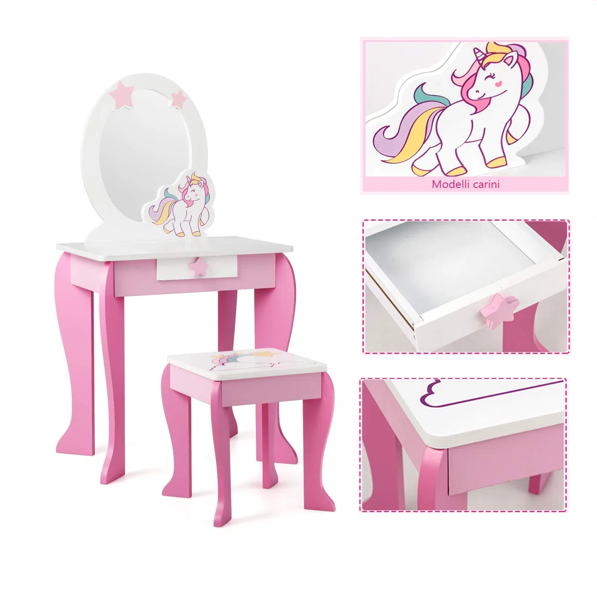 GIANTEX Set di Specchiera e Sgabello per Bambini, Tavolo da Trucco Giocattolo in Legno con Cassetto, Ideale Regalo per Ragazze di 3-7 Anni, con Portata di 15kg, 49x35,5x89cm (Rosa)