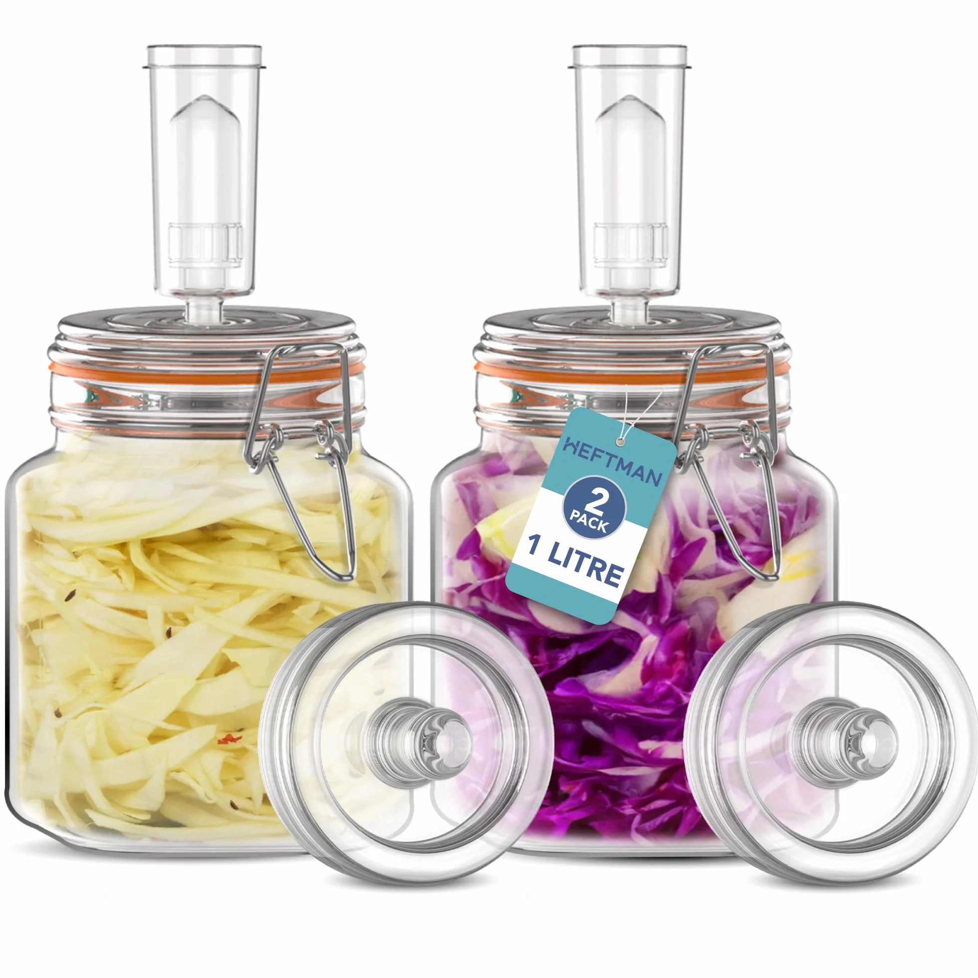 HEFTMAN Barattolo per fermentazione con Airlock, 1 l, ideale per fermentazione sicura, coperchi in silicone e pesi di fermentazione, confezione da 2
