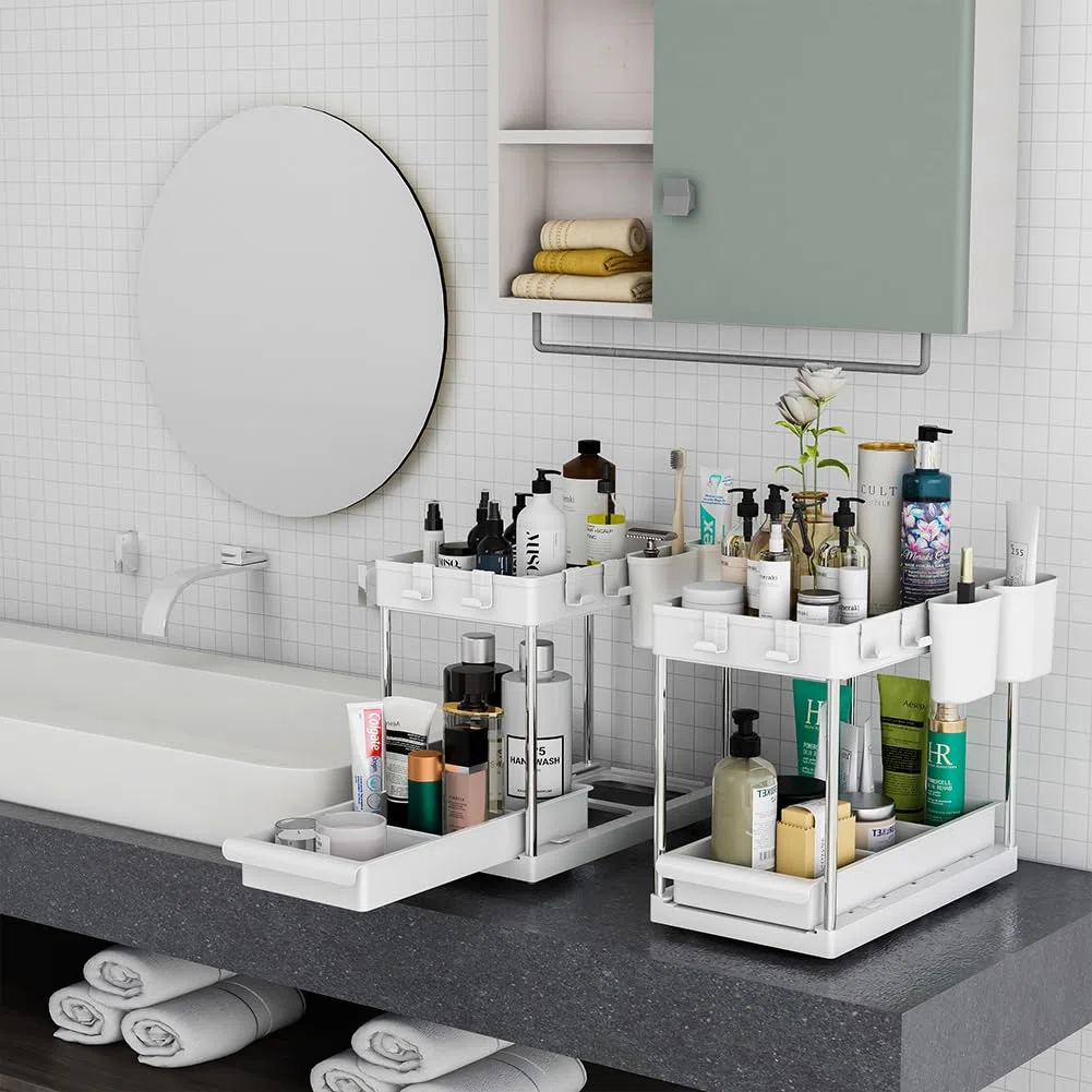 BAKAJI Set 2 Organizer Sottolavello per Bagno e Cucina con Cassetto Scorrevole, Scaffale Cestello Scorrimento Salvaspazio 2 Ripiani, Scaffalatura Sotto Lavello Portaoggetti Ripiano Estraibile (Bianco)