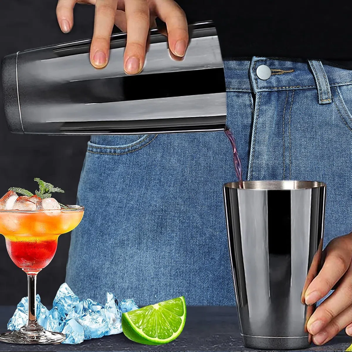 Set shaker da cocktail Boston color nero metallizzato, doppio bicchiere 850ml + 530ml con base stabile, in acciaio inox