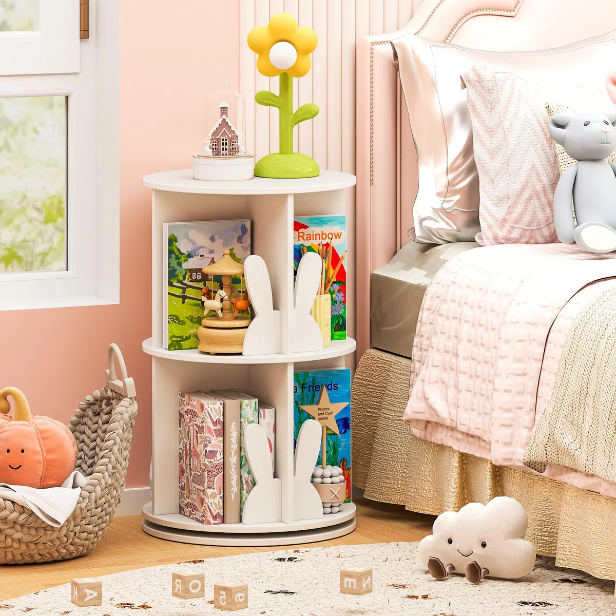 RELAX4LIFE Libreria Scaffale Girevole per Bambini, Porta Libri Rotante a 2 Livelli, Libreria in Legno per Soggiorno, Camera da Letto e Studio, 40 x 40 x 65 cm (Coniglio, Bianco)