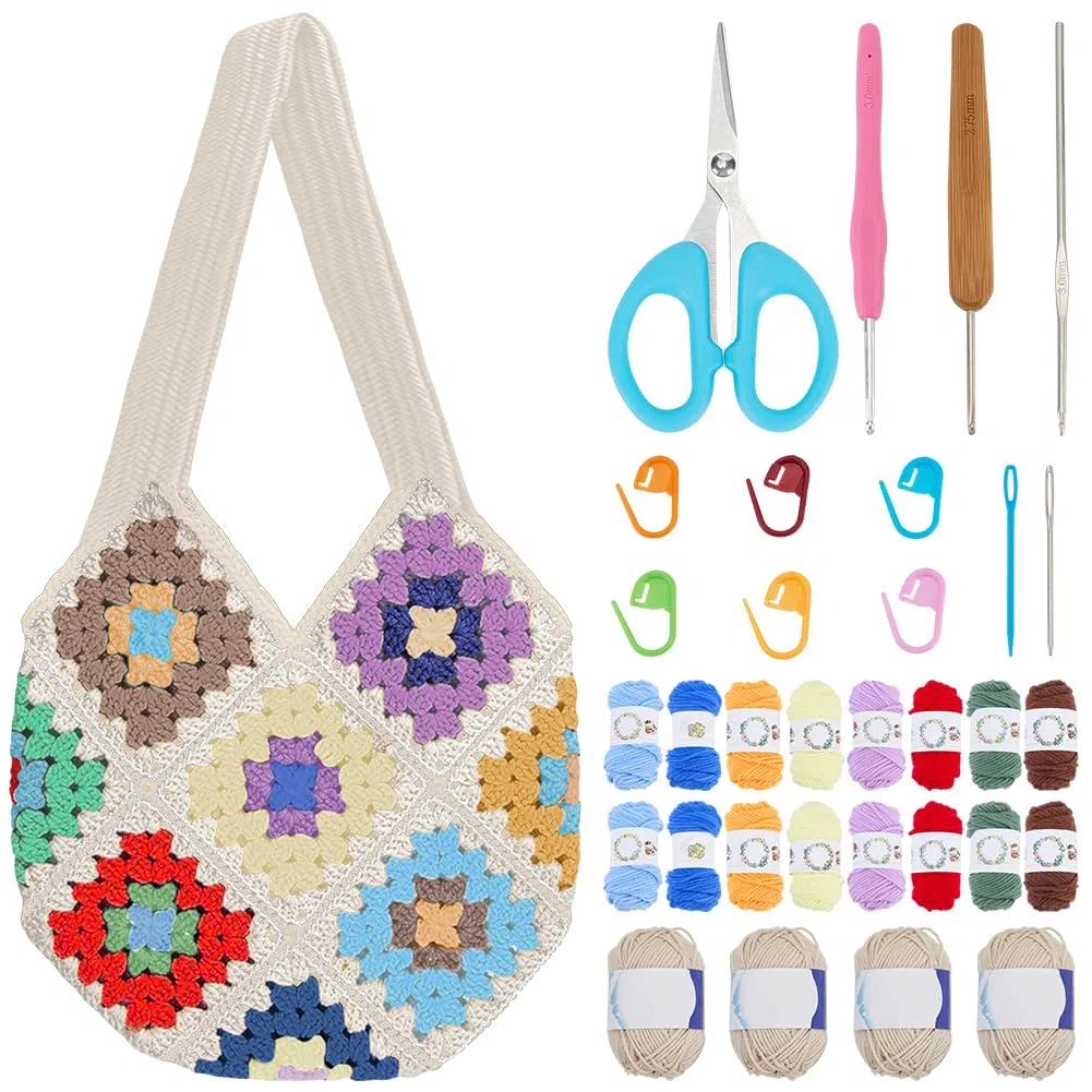 ORIGACH Set di borse all'uncinetto per principianti, Granny Square, set all'uncinetto per adulti, con passo per passo le istruzioni video (lingua italiana non garantita), beige