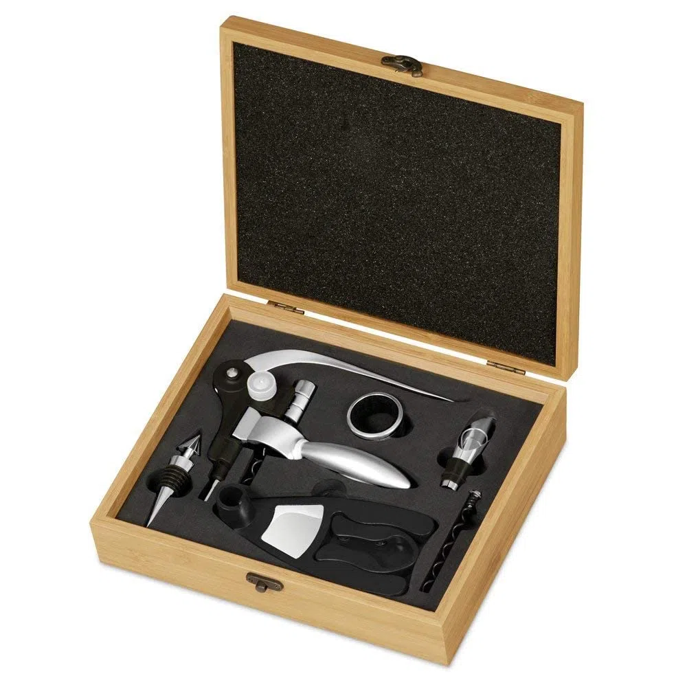 Maverton Set di Accessori da Vino Deluxe - Kit Cavatappi da Vino Personalizzato - Scatola in Legno di bambù + 8 Pezzi di Accessori Vino - Regalo Donna - Triangolo