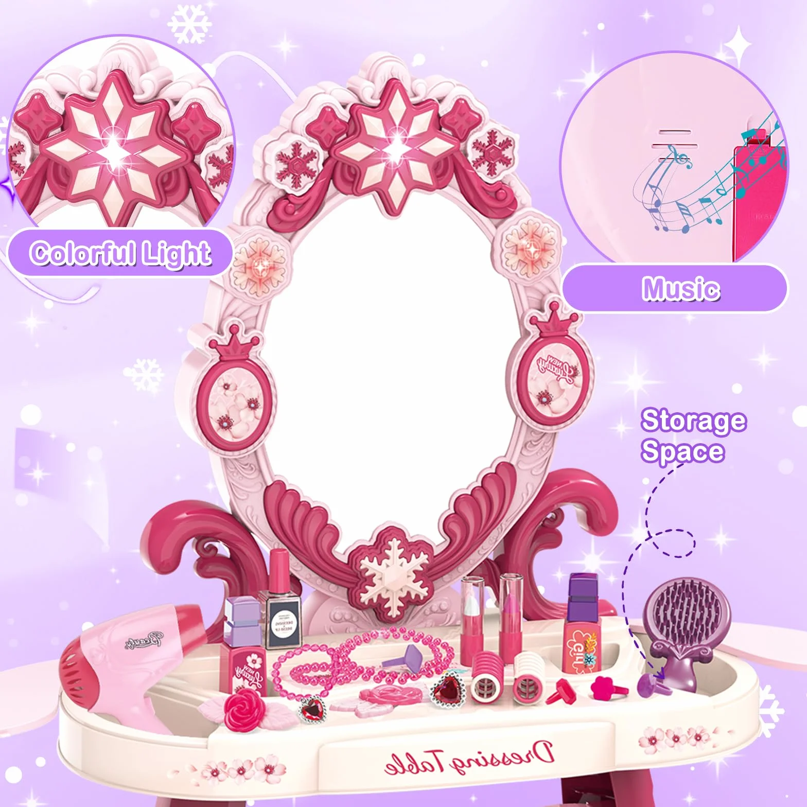 deAO Set Parrucchiera Bambina con Sgabello, Specchiera Trucco Bambina con Musica, Luce Salon Bambini Trucco Set per Ragazze Giochi Bambini da 3 Anni (Rosa)