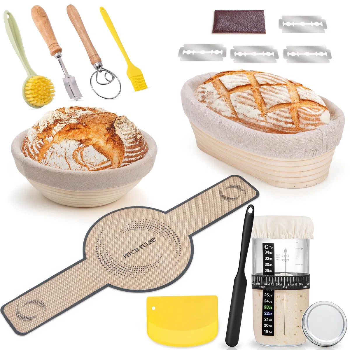 Cestino da Lievitazione per Pane, PITCH PULSE Cesto Lievitazione Pan in Rattan Naturale, Banneton per pane, Ciotola lievitazione con Tela di Lino, Raschietto Pasta e Lame Taglierina Pane