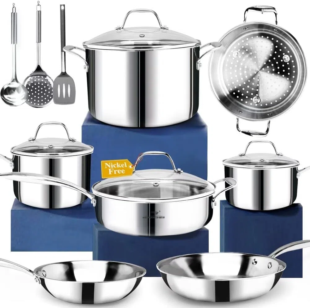 HOMICHEF 14 pezzi set di pentole in acciaio inox senza nichel, rivestito in 3 strati - Set di pentole e padelle lucidate a specchio - Pentole salutari con vaporiera - Pentole a induzione atossiche