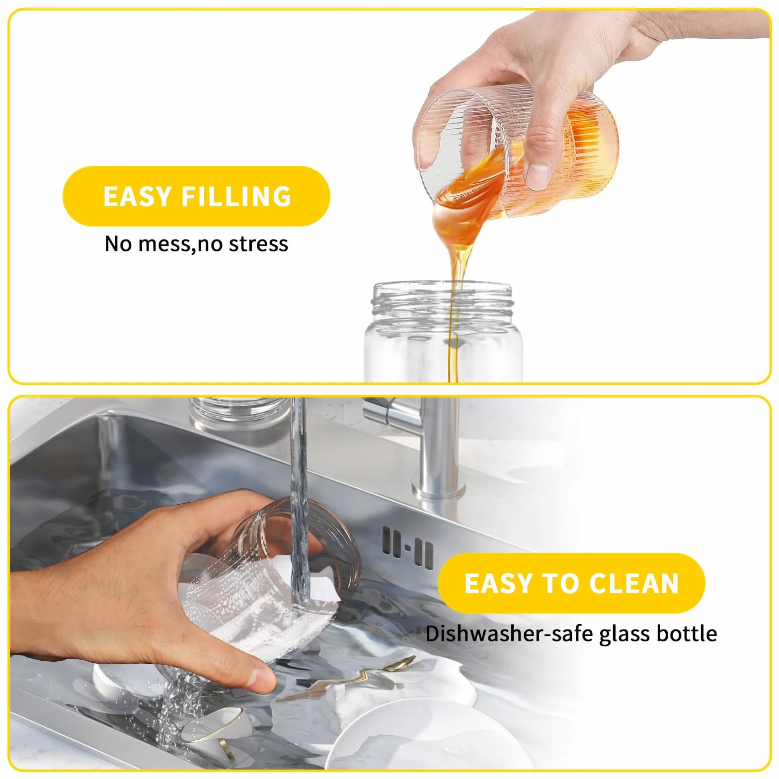 Tefola Dispenser per miele, in vetro, per sciroppo d'acero, antigoccia, con manico, accessori per caffetterie per pancake, caffè, ciotole per cereali, insalata, cucina e bar (giallo, 315ml)