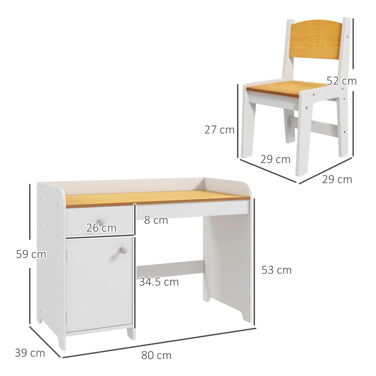 ZONEKIZ Tavolo Scrivania per Bambini con Sedia, Banco Scuola per Bambini da 3 a 6 Anni in Legno con Cassetto e Seggiola Abbinata, Bianco