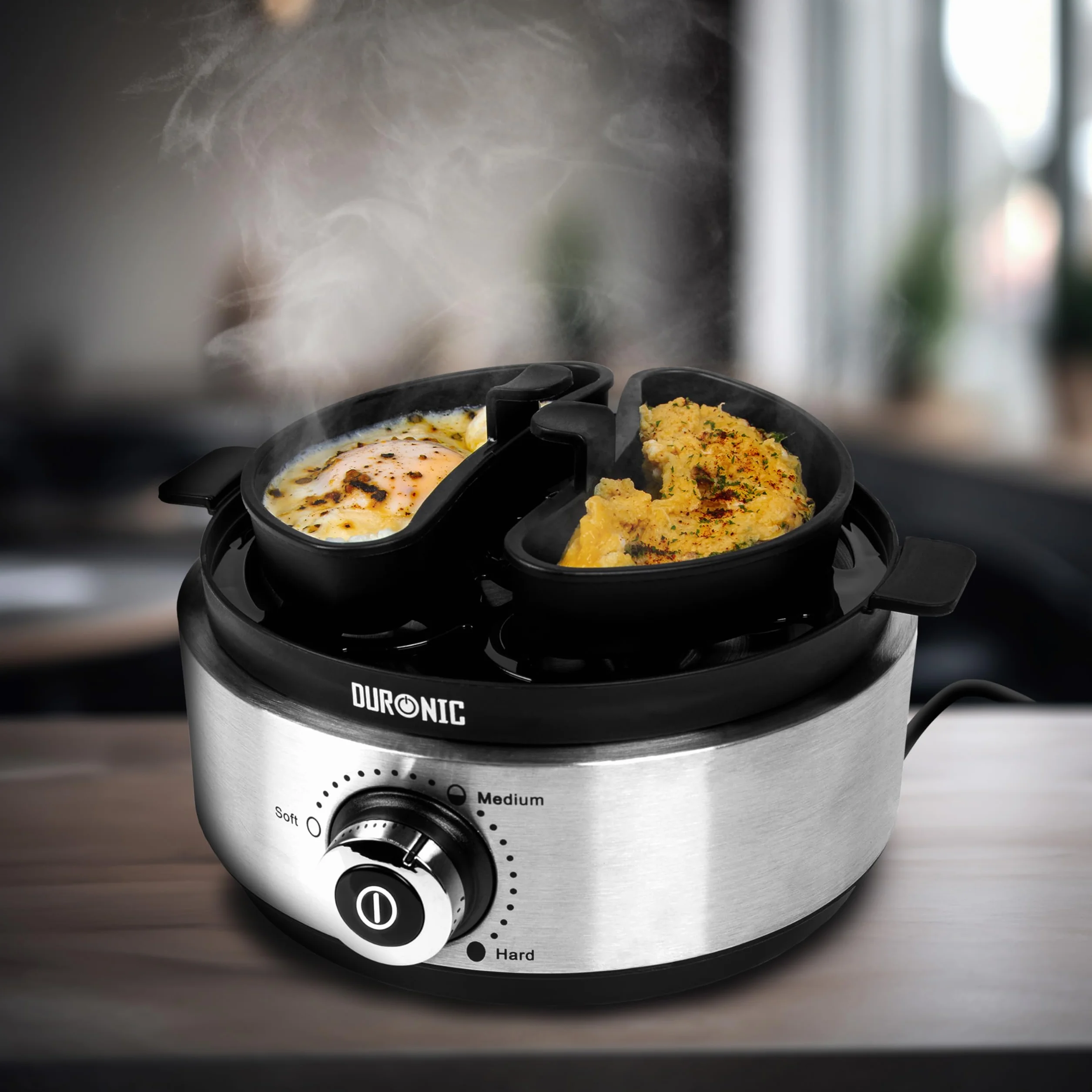 Duronic EB40 BK Cuociuova elettrico 400W Cuoci uova fino a 7 uova Bollitore uova per uova Sode Medie Alla coque Cuocitore di Uova con 2 vassoi per Frittata e uovo in camicia Omelet maker Egg cooker