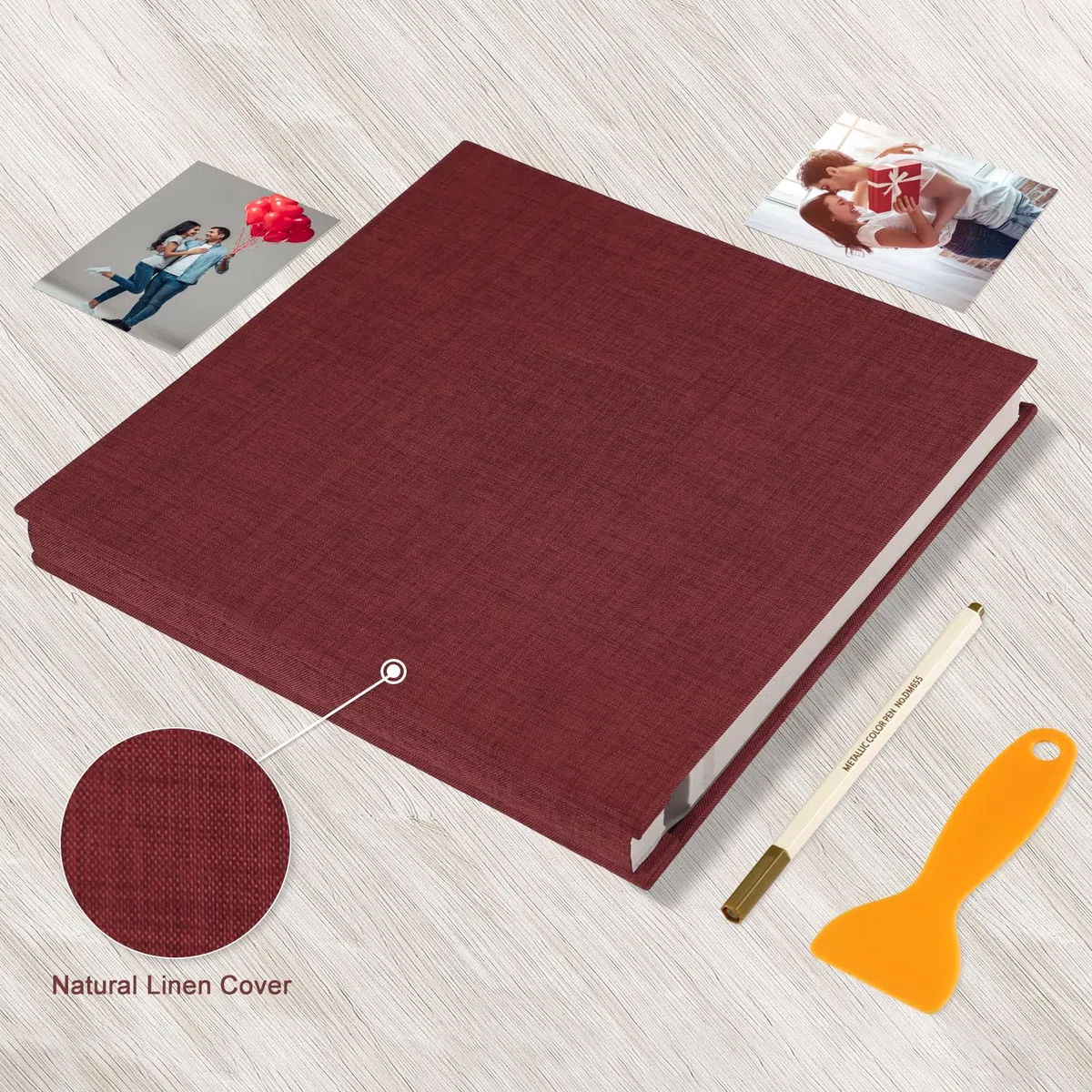 Album Fotografico Autoadesivo 28x27 CM in Lino Album Portafoto Personalizzabile Scrapbook Photo Album Fotolibro Ricordi Nascita Matrimonio Journal Travel Guest Book, 40 Pagine Rosso