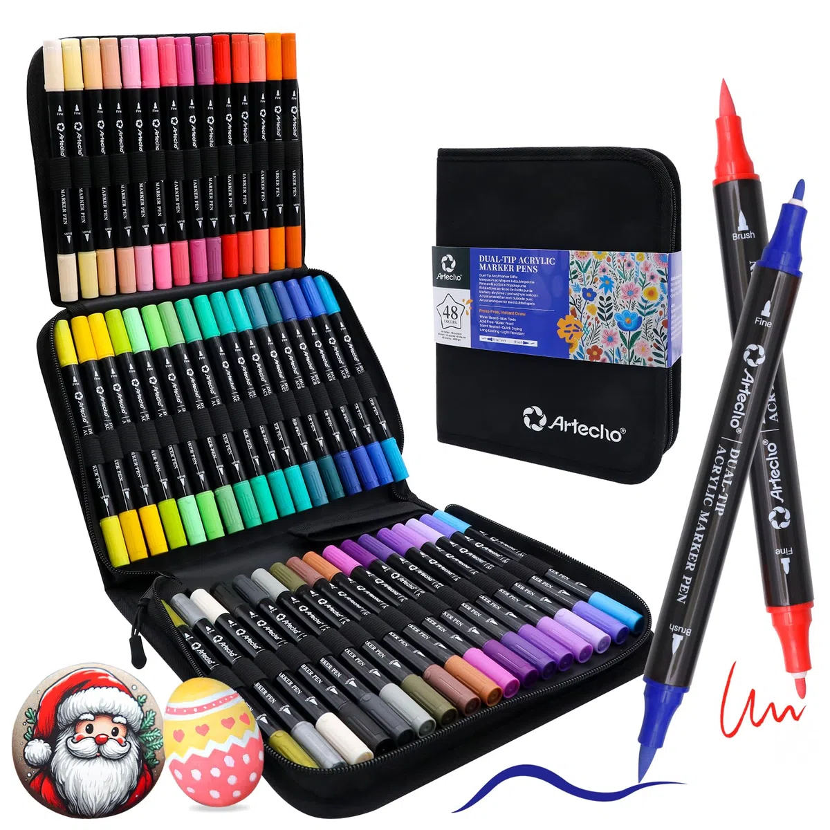Artecho Pennarelli acrilici in 48 colori con borsa, penne acriliche con punta a pennello e punta fine per pietra, pittura su roccia, carta, zucca, legno, uovo, tela, ceramica, tessuto, pelle, vetro
