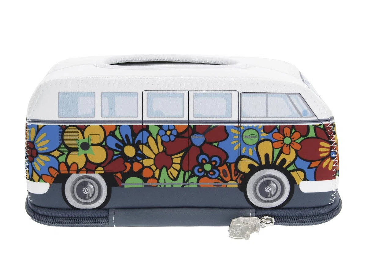 BRISA VW Collection - Volkswagen Porta fazzoletti in Neoprene, dispenser di fazzoletti per comodino, salotto, Campervan T1 Bus design (Flower Power/Multicolore)