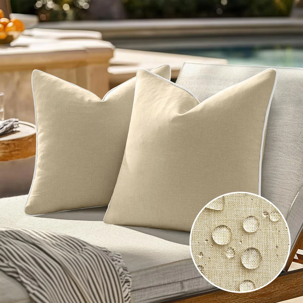 EMEMA Federa per cuscino impermeabile per esterni, cuscino decorativo, in poliestere, per giardino, divano, soggiorno, letto, set da 2 pezzi, 45 x 45 cm, beige
