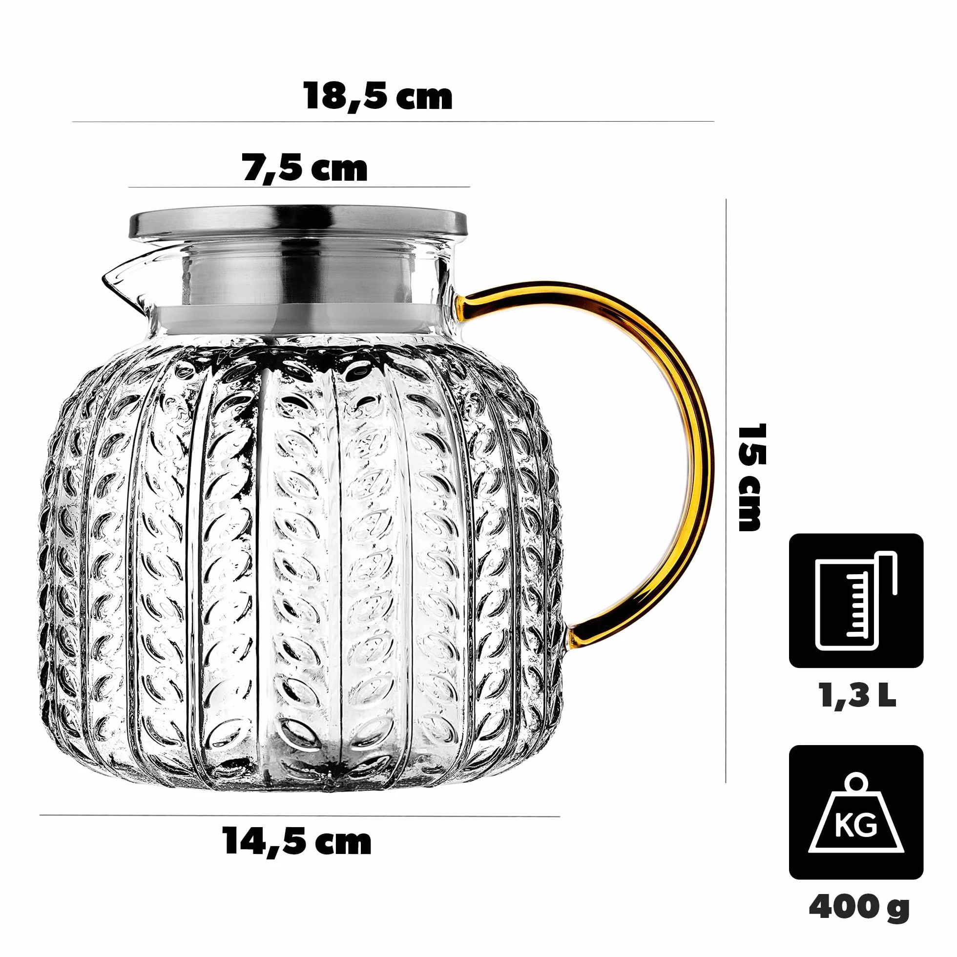 KADAX Teiera 1,3 litri in vetro borosilicato, caraffa in vetro resistente al calore con coperchio in acciaio inox e filtro integrato, teiera in vetro, caraffa in vetro