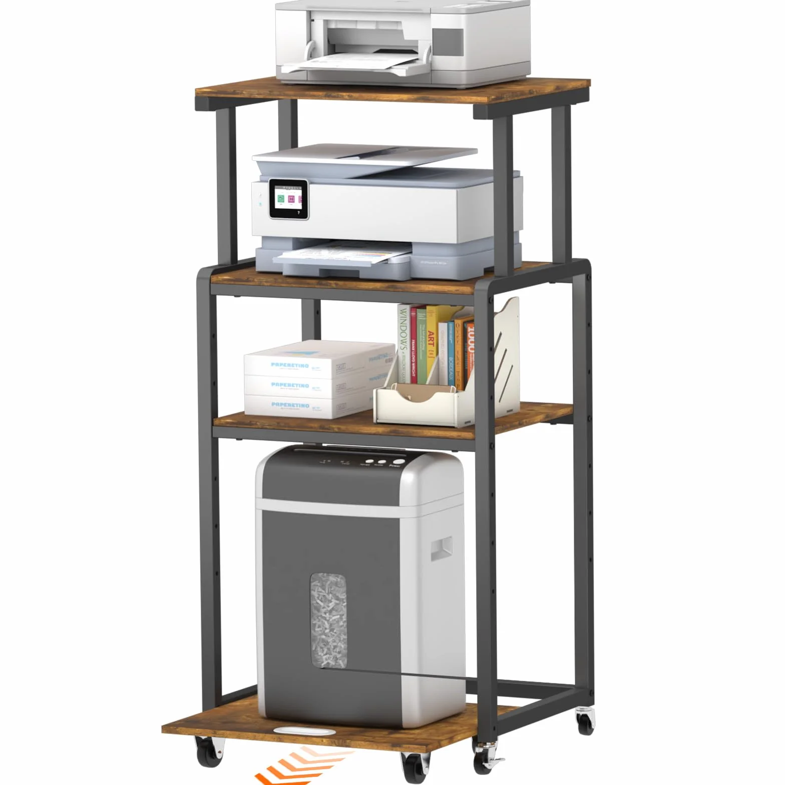 Lifewit Carrello per Stampante 4 Livelli con Ruote e Ripiano Regolabile, Supporto per Stampante per Ufficio Domestico, Carrello per Distruggi Documenti, Scanner, Marrone Rustico, 53x40x112cm