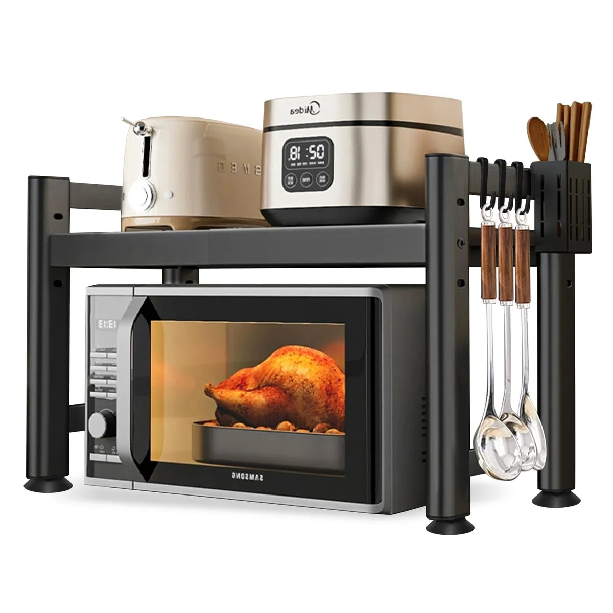 Mensola Microonde, Scaffale da Cucina Estensibile, Supporto Microonde Salvaspazio, Ripiano per Microonde con 6 Ganci 1 Porta Utensili da Cucina, Mobiletto Cucina Microonde Nero