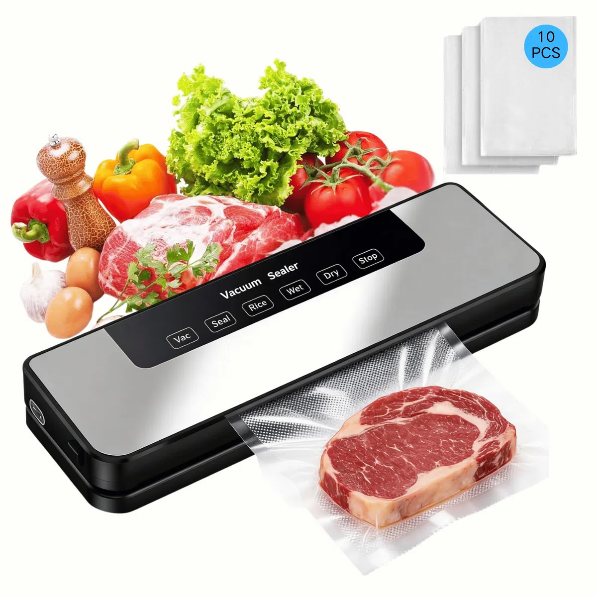 Macchina Sottovuoto Alimenti, 5 In 1 Macchina Sottovuoto Professionale Vacuum Sealer，Macchina Sottovuoto Domestica Per Conservazione Fresca(10 Sacchetti a Vuoto)