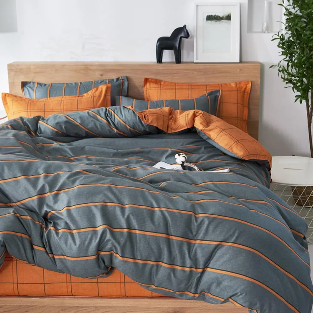 Copripiumino una Piazza e Mezza 180x220cm, in Microfibra, Reversibile Biancheria da Letto Moderno Plaid Strisce 3 Pezzi, Copripiumone con Cerniera e 2 Federe, Arancione Grigio