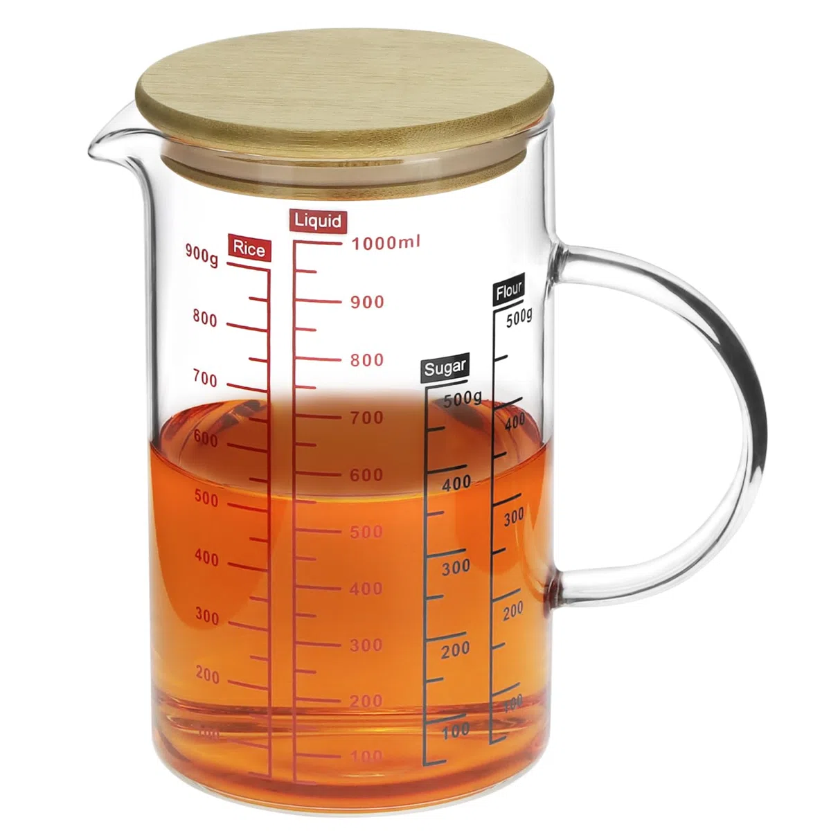 QWORK® Misurino da cucina 1000 ml con coperchio in bambù, in vetro borosilicato, Misurino graduato multiscala, Adatto al microonde