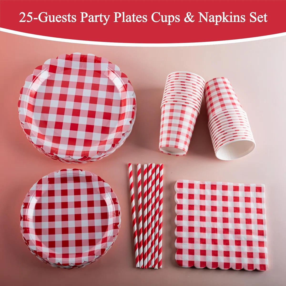 Set di piatti per feste, bicchieri e tovaglioli per 25 ospiti, include piatti di carta smerlati a quadretti rossi (17,8 e 22,9 cm), perfetti per feste, eventi e celebrazioni