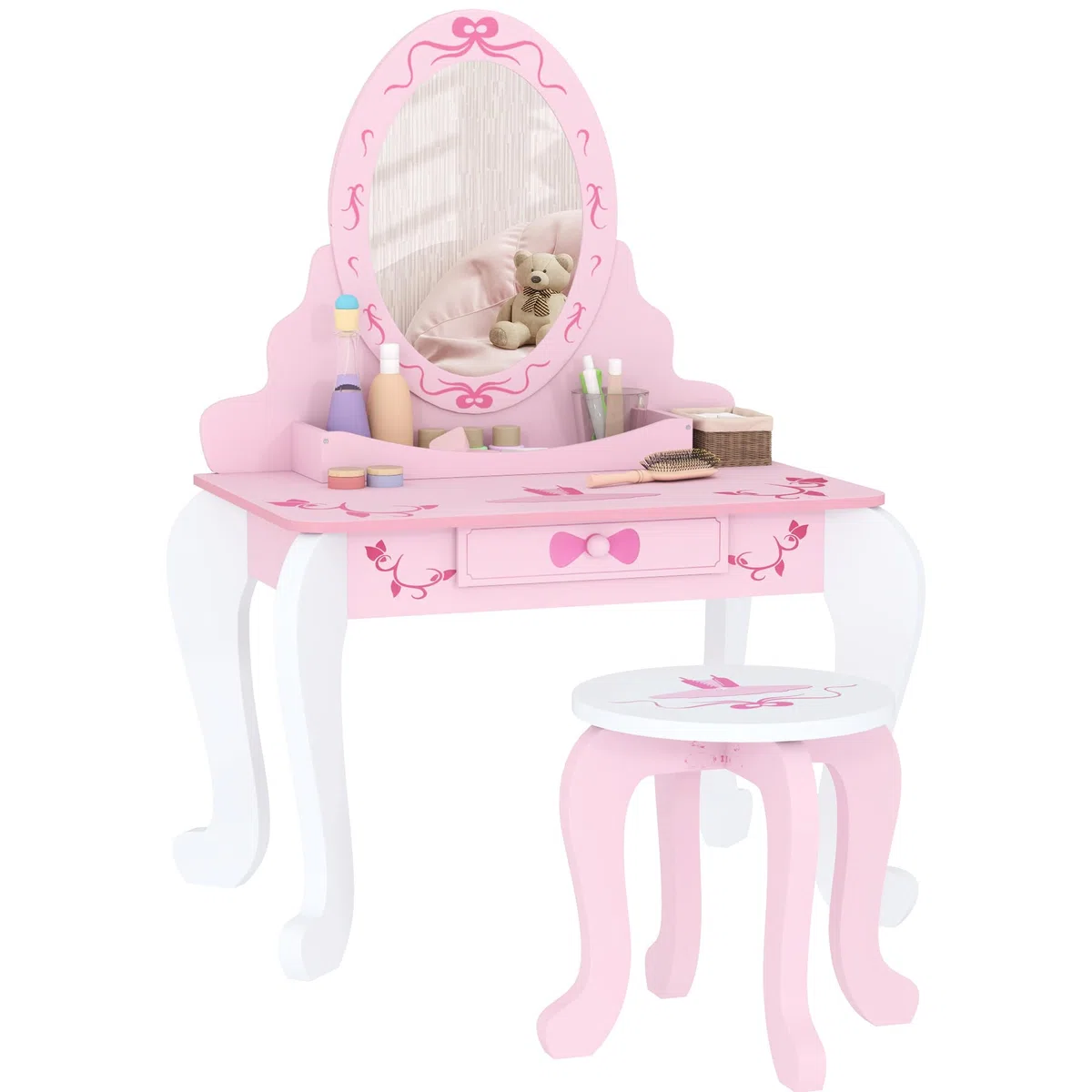 AIYAPLAY, set tavolo da toeletta per bambini, tavolo da toeletta a due pezzi con sgabello, specchio, cassetto, spazio di archiviazione sul desktop, tema del balletto, tavolo da trucco per ragazze
