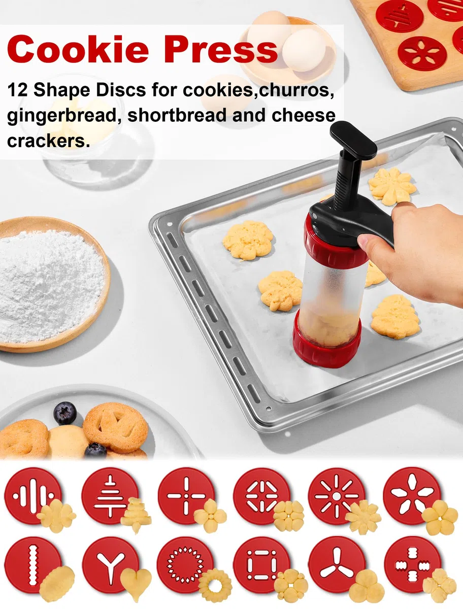 GDL Sparabiscotti con 12 Stencil e 10 Beccucci, Siringa Decoratore per Dolci, Siringa Stampi per Biscotti Fatti in Casa, DIY Biscotti, Biscotti per Frolla Churros, Indispensabile per Le Feste, Rosso