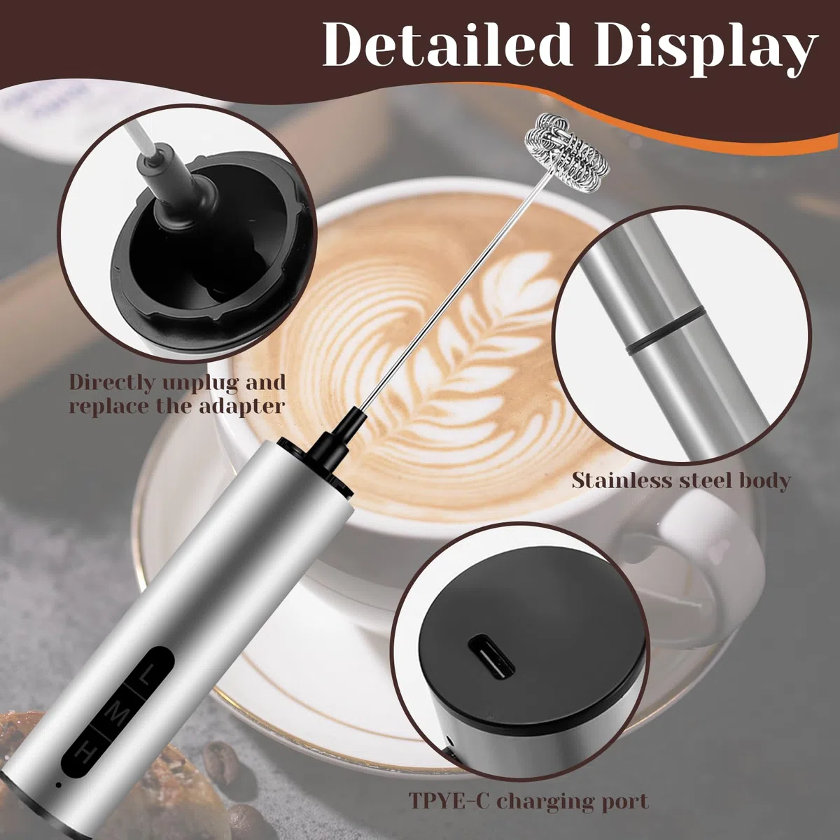 Montalatte Elettrico Cappuccino Portatile USB-C Ricaricabile in Acciaio Inox con 3 Velocità e 5 Fruste, Frullino per Latte, Caffè, Matcha, Panna, Uova