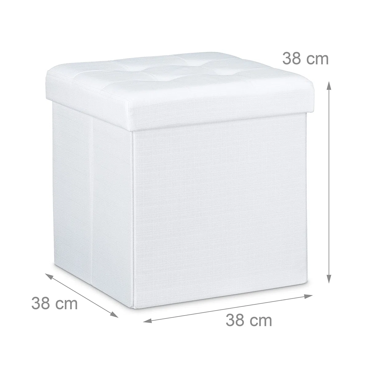 Relaxdays Pouf Pieghevole Con Contenitore, Sgabello a Forma di Cubo, Lino, Coperchio Rimovibile, 38x38x38 cm, Bianco
