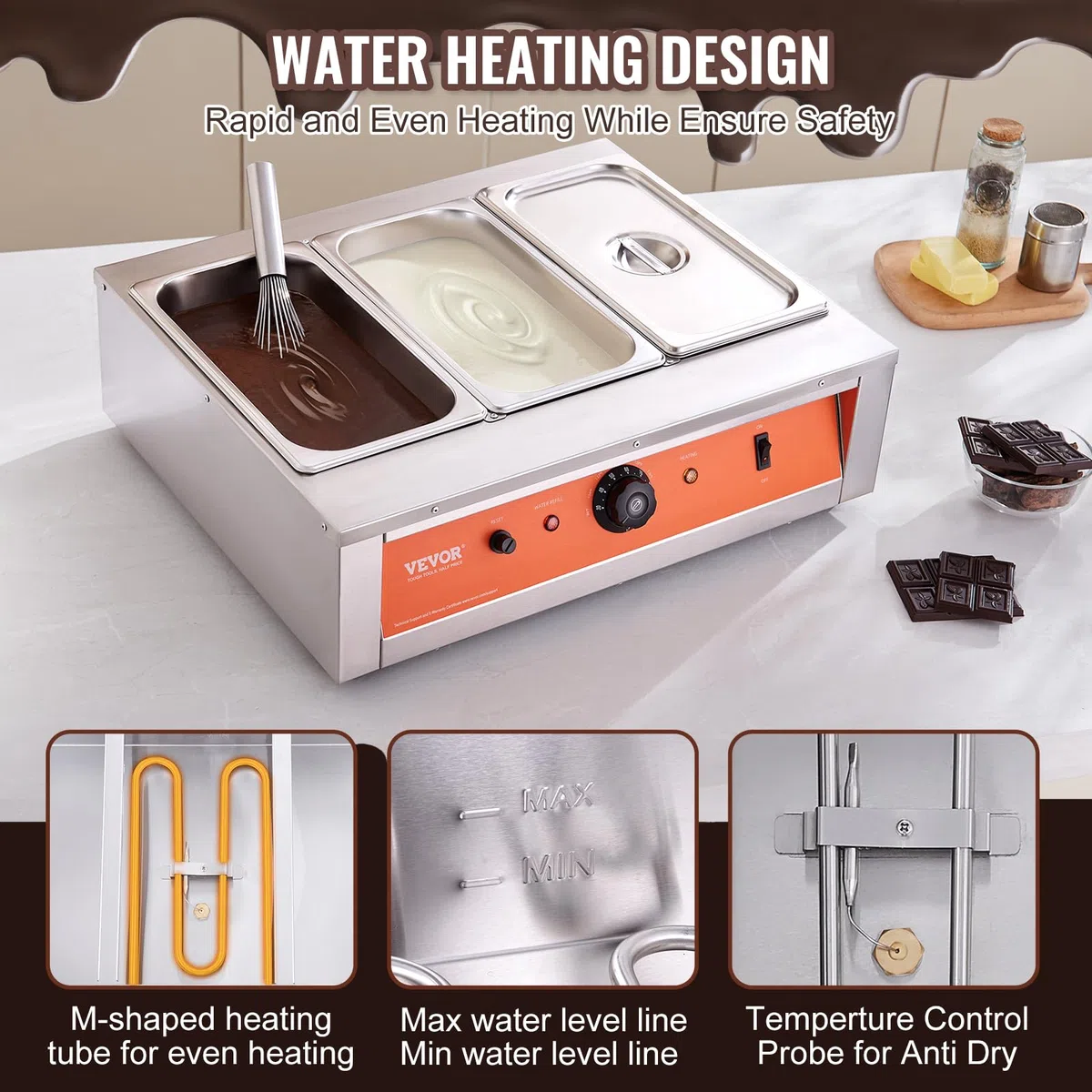 VEVOR Macchina per Fusione di Cioccolato in Acciaio Inox 3 Vasche da 3,3 L, Pentola Elettrica di Fusione del Cioccolato 1500 W Uso Commerciale per Hotel Albergo, Bagnomaria per Cioccolato 30℃ - 85℃