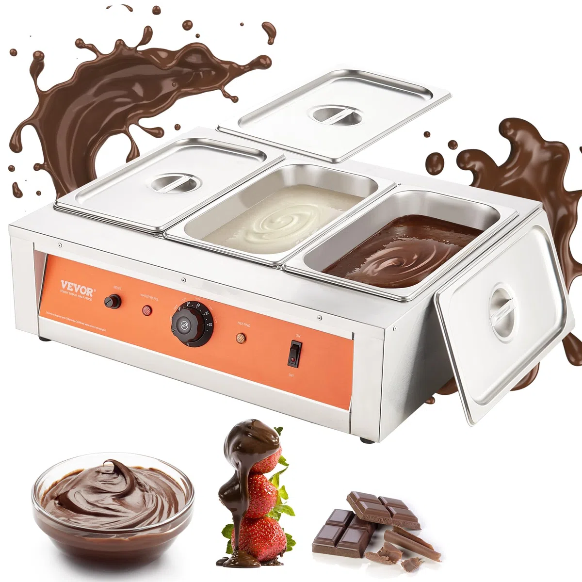VEVOR Macchina per Fusione di Cioccolato in Acciaio Inox 3 Vasche da 3,3 L, Pentola Elettrica di Fusione del Cioccolato 1500 W Uso Commerciale per Hotel Albergo, Bagnomaria per Cioccolato 30℃ - 85℃